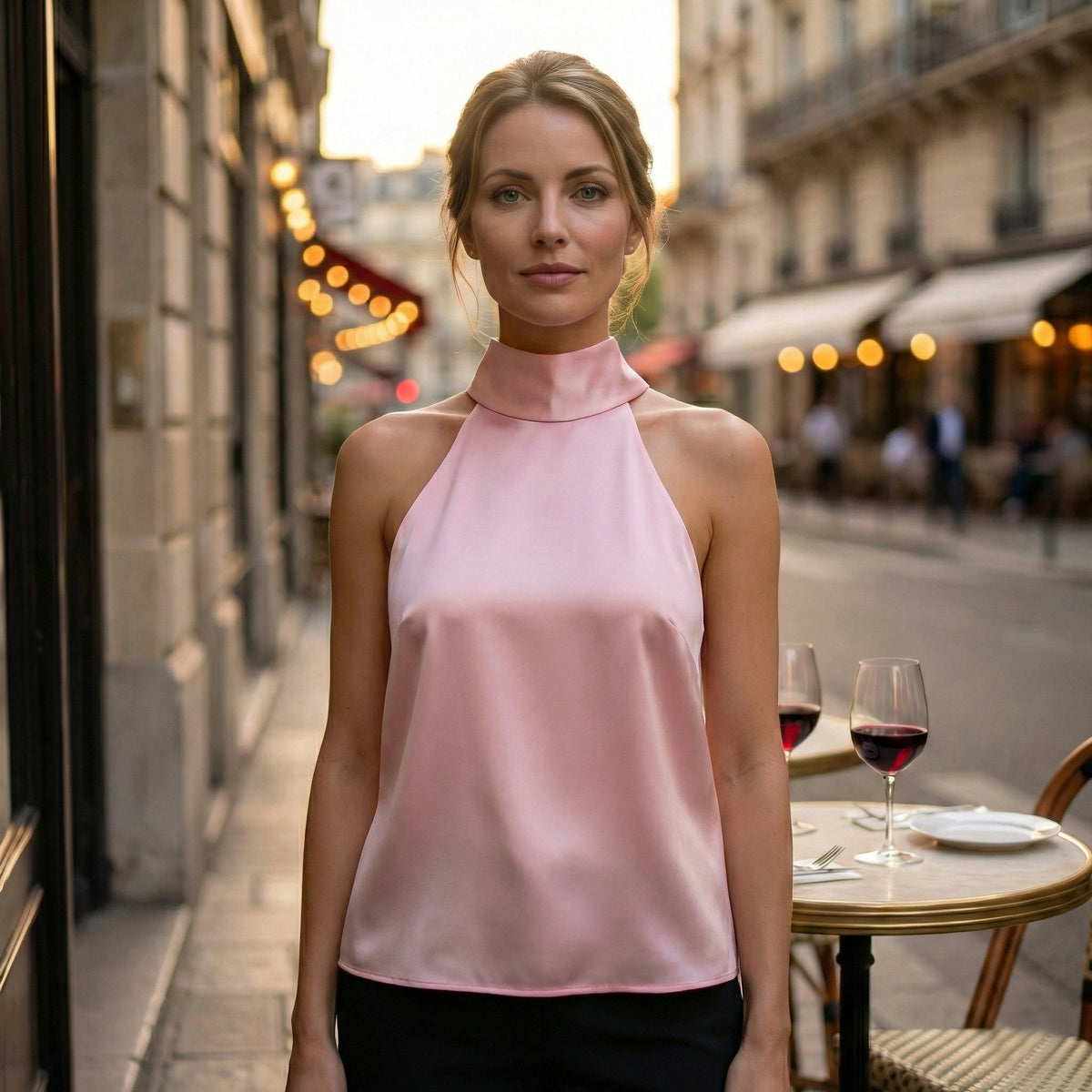 Haut rose en satin à col halter avec nœuds dans le dos et liens à nouer