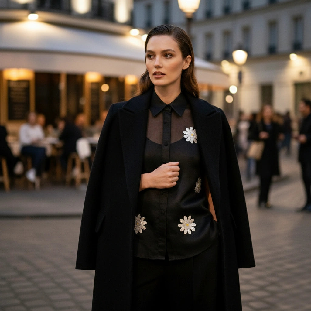 Camicia in organza nera con ricamo di paillettes a margherita bianca e sottoveste in raso