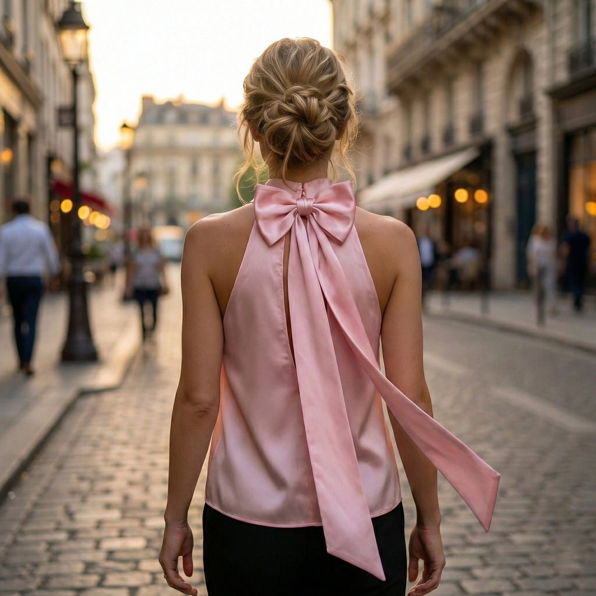 Haut rose en satin à col halter avec nœuds dans le dos et liens à nouer