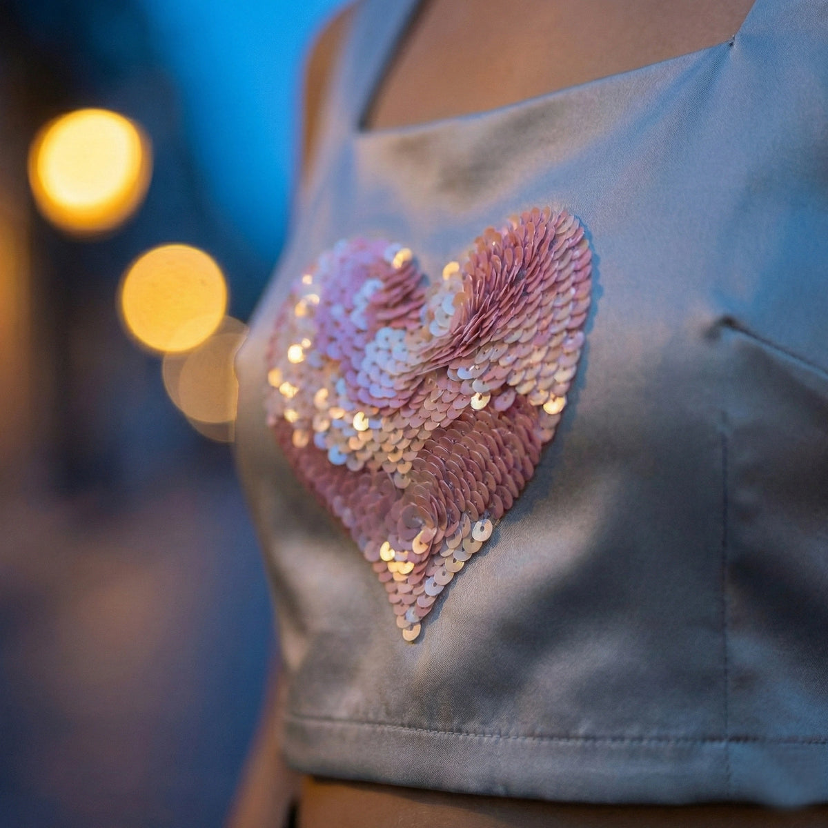 Top corto in raso duchessa grigio argento con ricamo a forma di cuore in paillettes