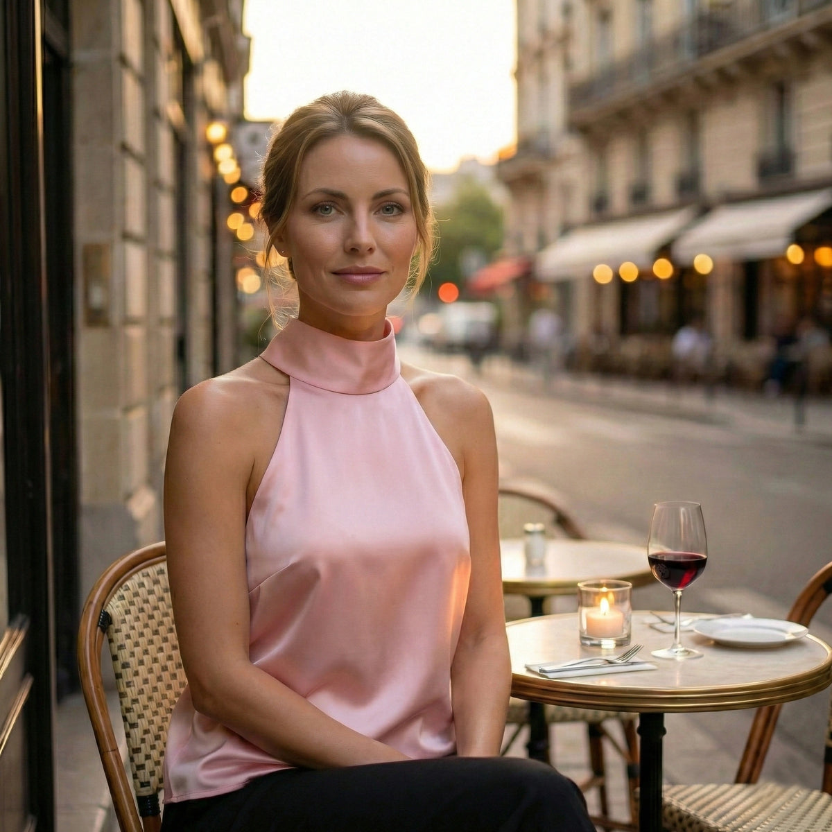 Haut rose en satin à col halter avec nœuds dans le dos et liens à nouer
