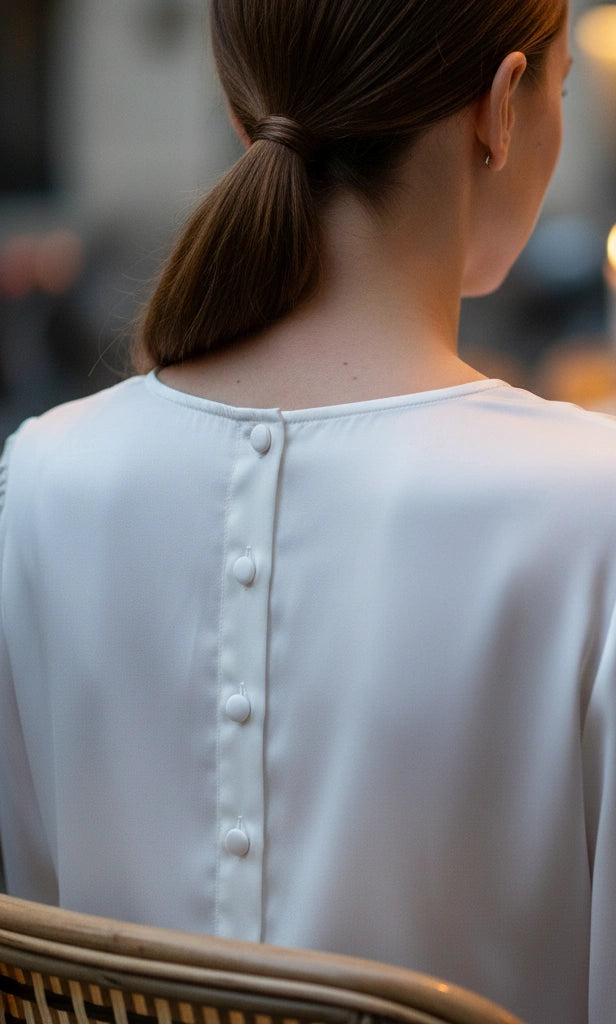 Haut blanc en satin à manches longues orné de fleurs en sequins brodées à la main