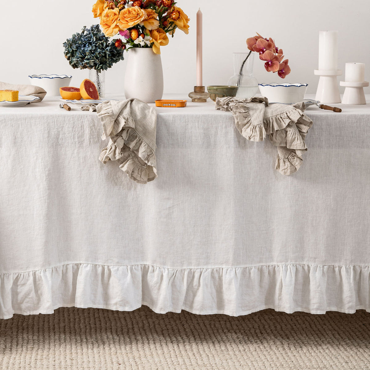 White Linen Table Cloth with Ruffles