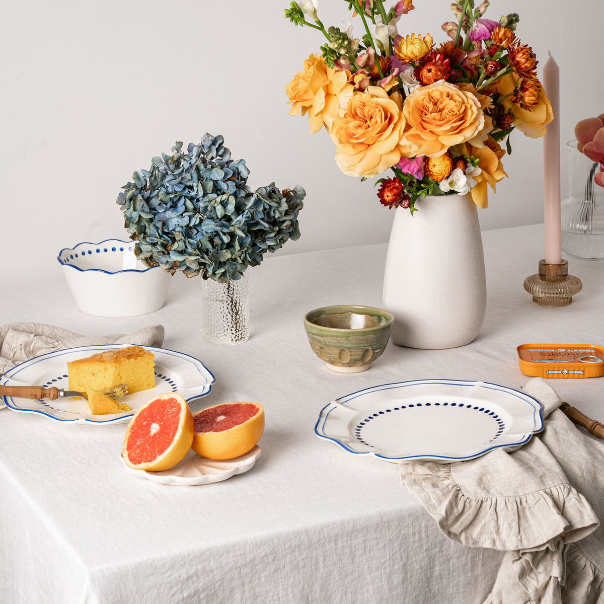 White Linen Table Cloth with Ruffles