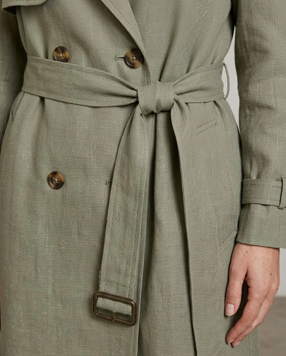 Sagebrush Linen Double-Breasted Trench Coat