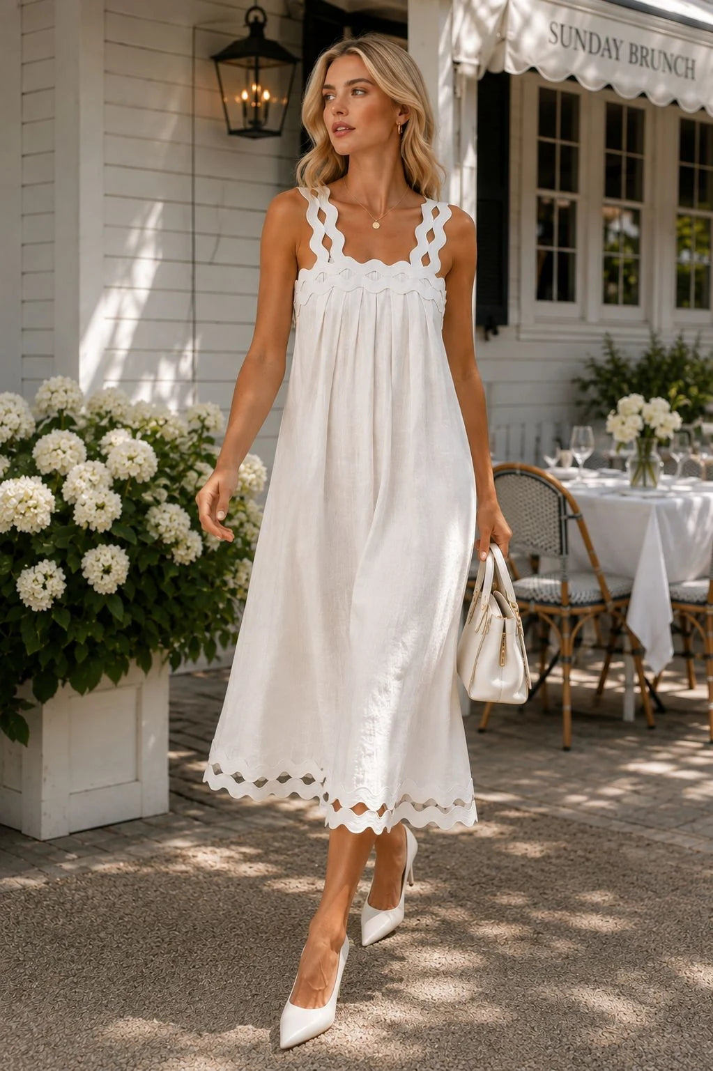 Adige Linen Scallop-Trim Midi Dress