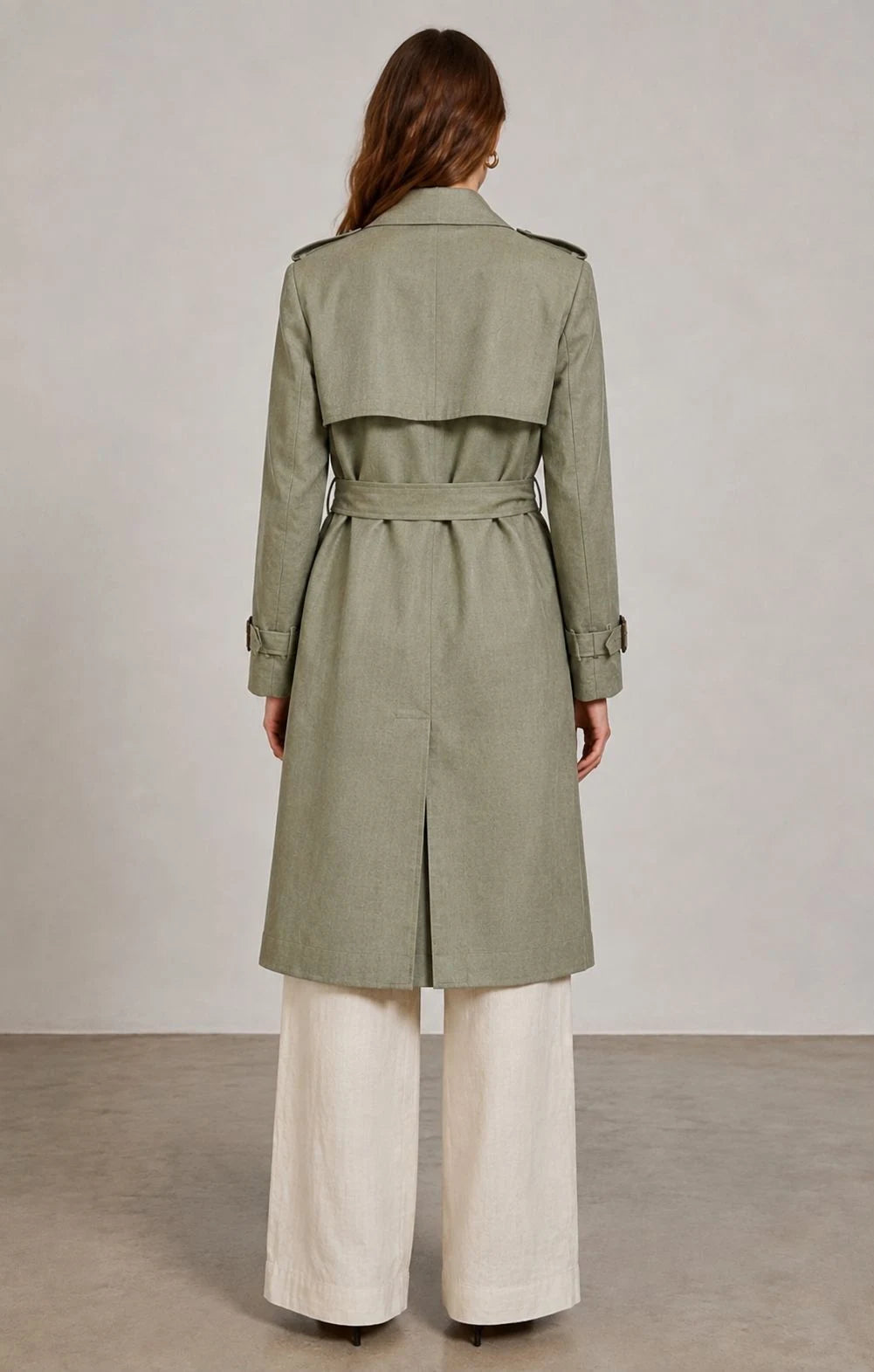 Sagebrush Linen Double-Breasted Trench Coat