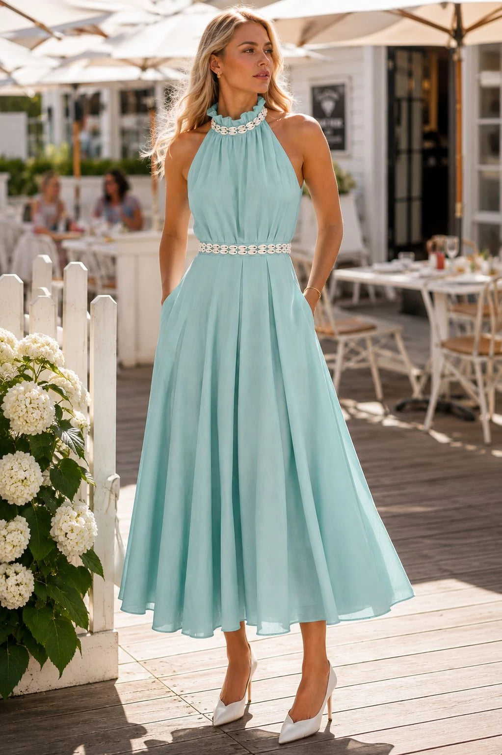 Aqua Blue Crepe Halter Midi Dress