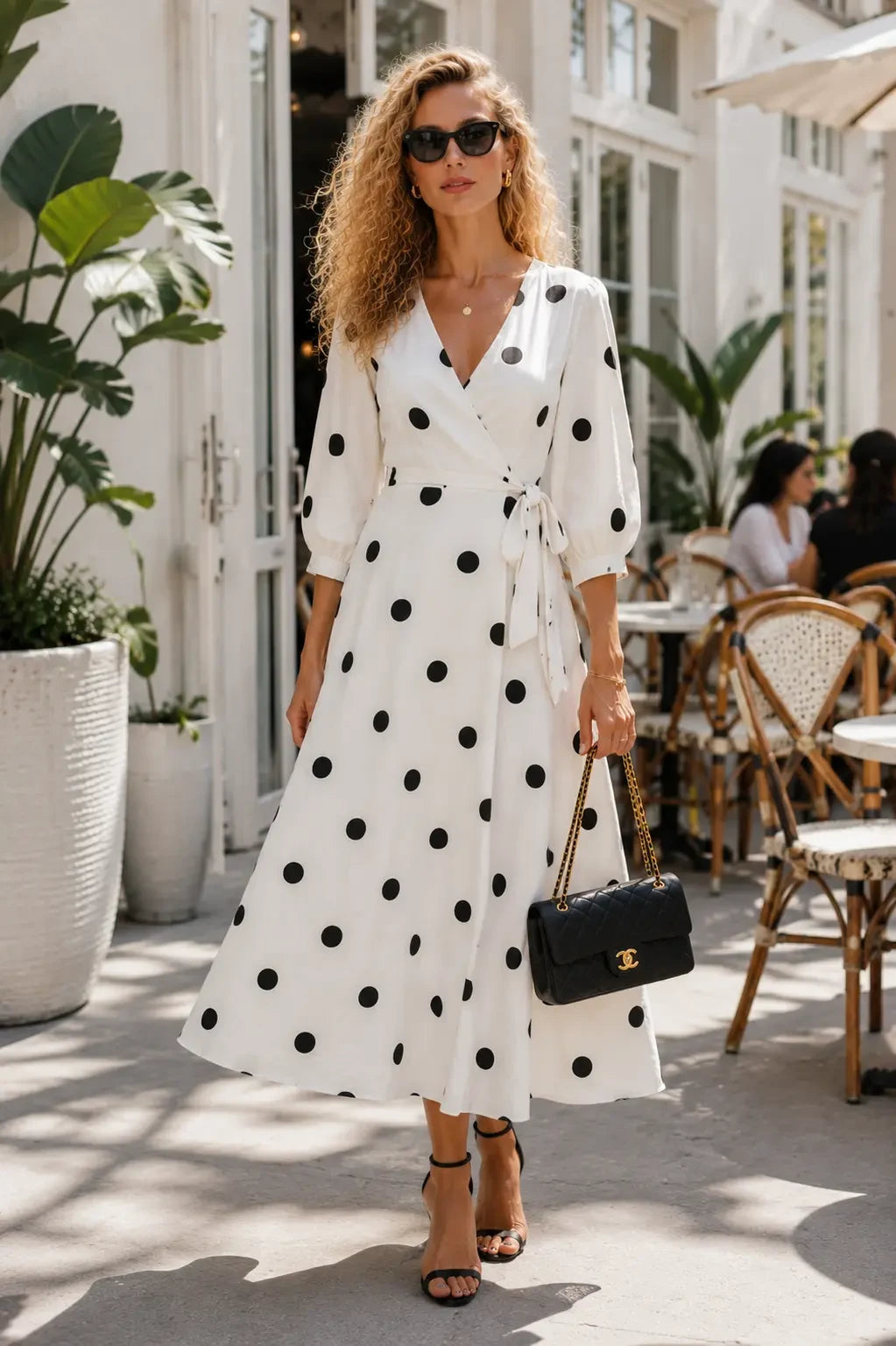 Bari White Black Polka Dot Linen Wrap Midi Dress