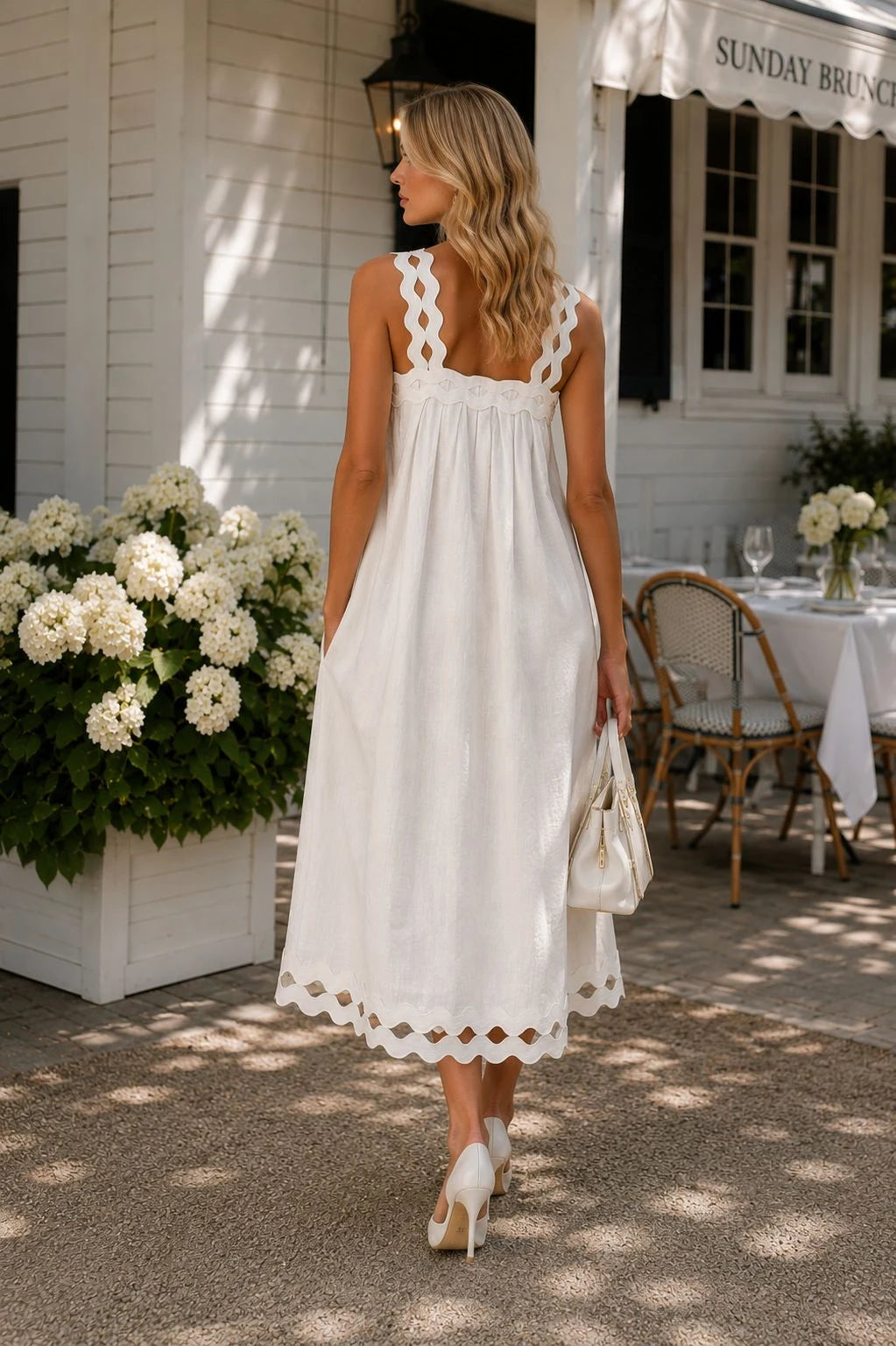 Adige Linen Scallop-Trim Midi Dress