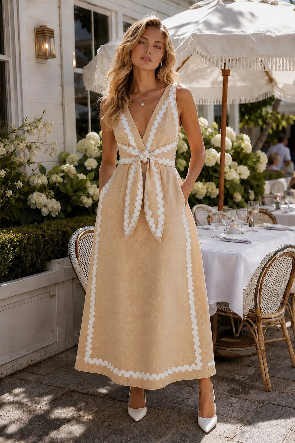 Arno Linen Ric Rac Tie-Front Maxi Dress
