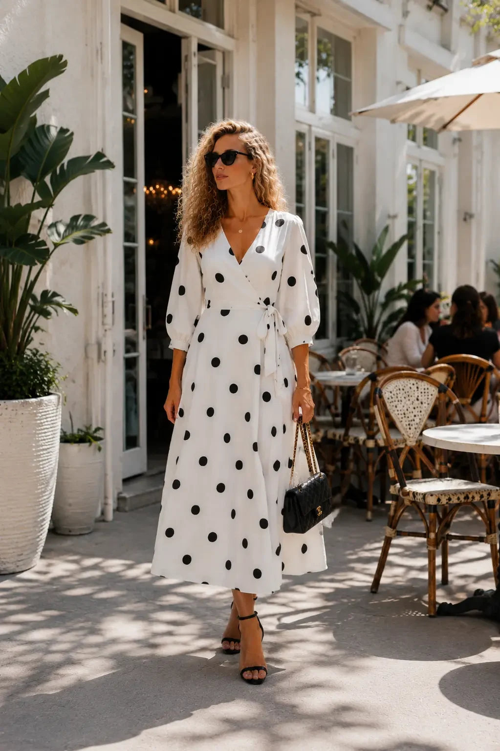 Bari White Black Polka Dot Linen Wrap Midi Dress