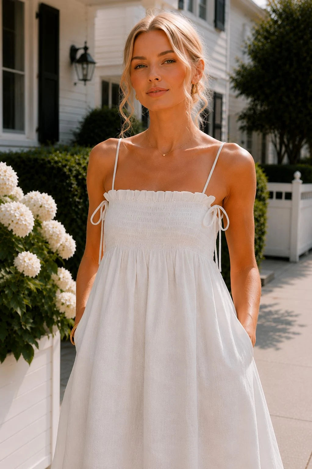 Sorrento Linen Smocked Tie Strap Mini Dress