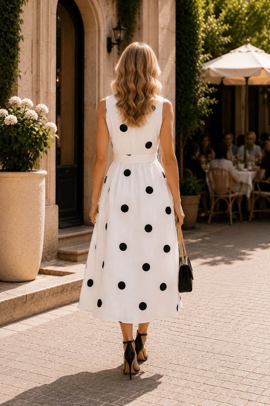 White Black Polka Dot Linen Midi Dress