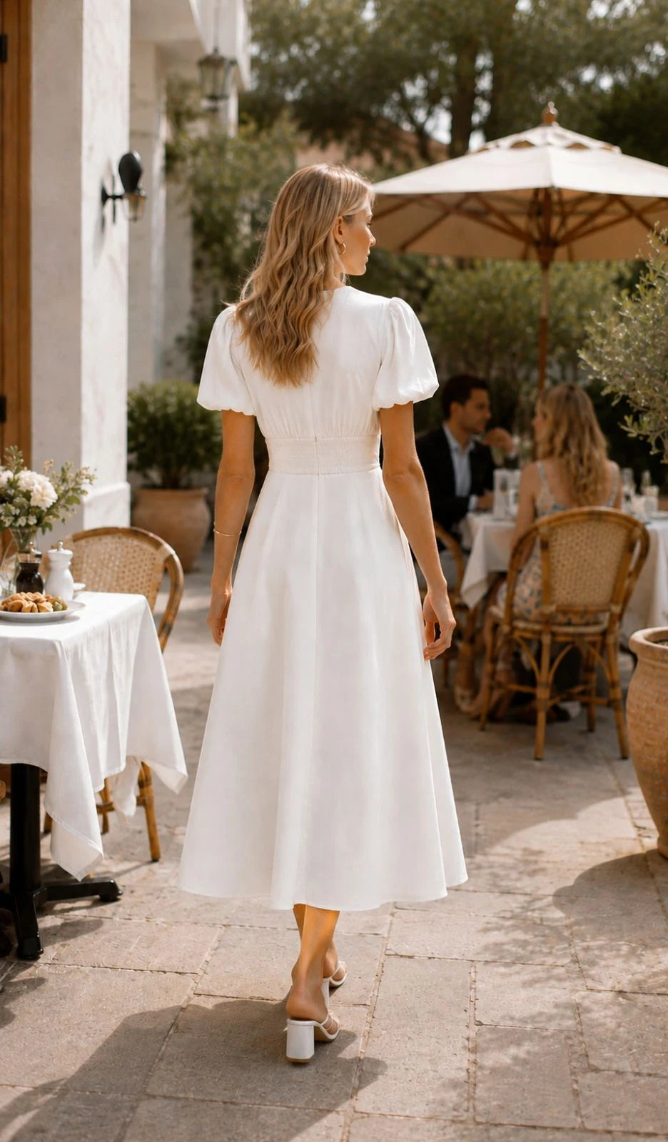 Abito Midi in Crepe Bianco a Maniche a Palloncino con Scollo a V