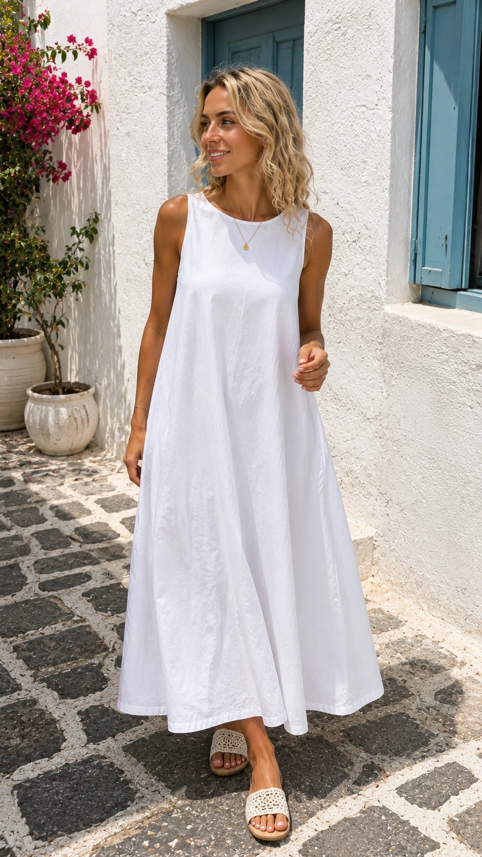 Abito midi in lino avorio con fiocco sulla schiena – spalline e orlo smerlati