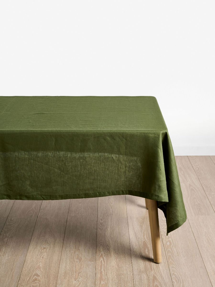 Moss Green Linen Table Cloth styled for a quiet dinner