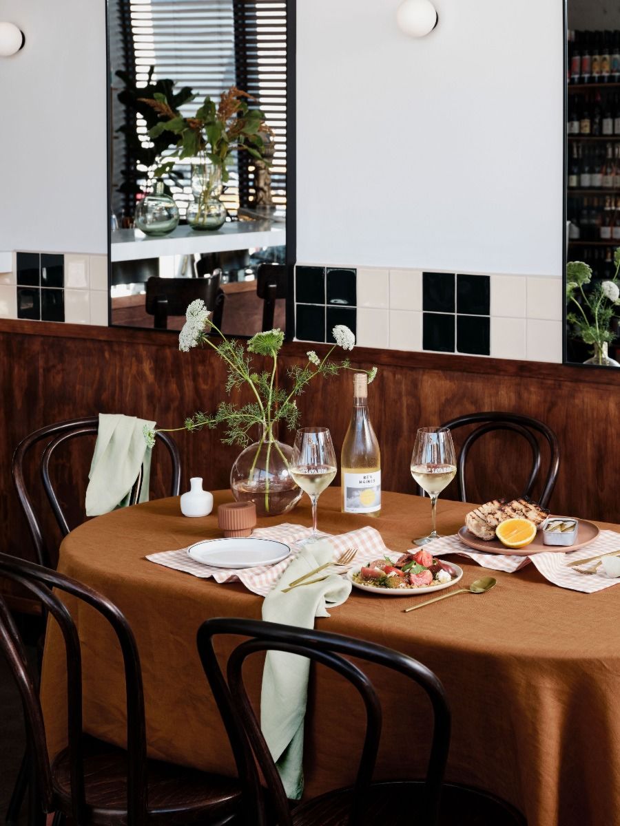 Brown Linen Table Cloth styled for a quiet dinner