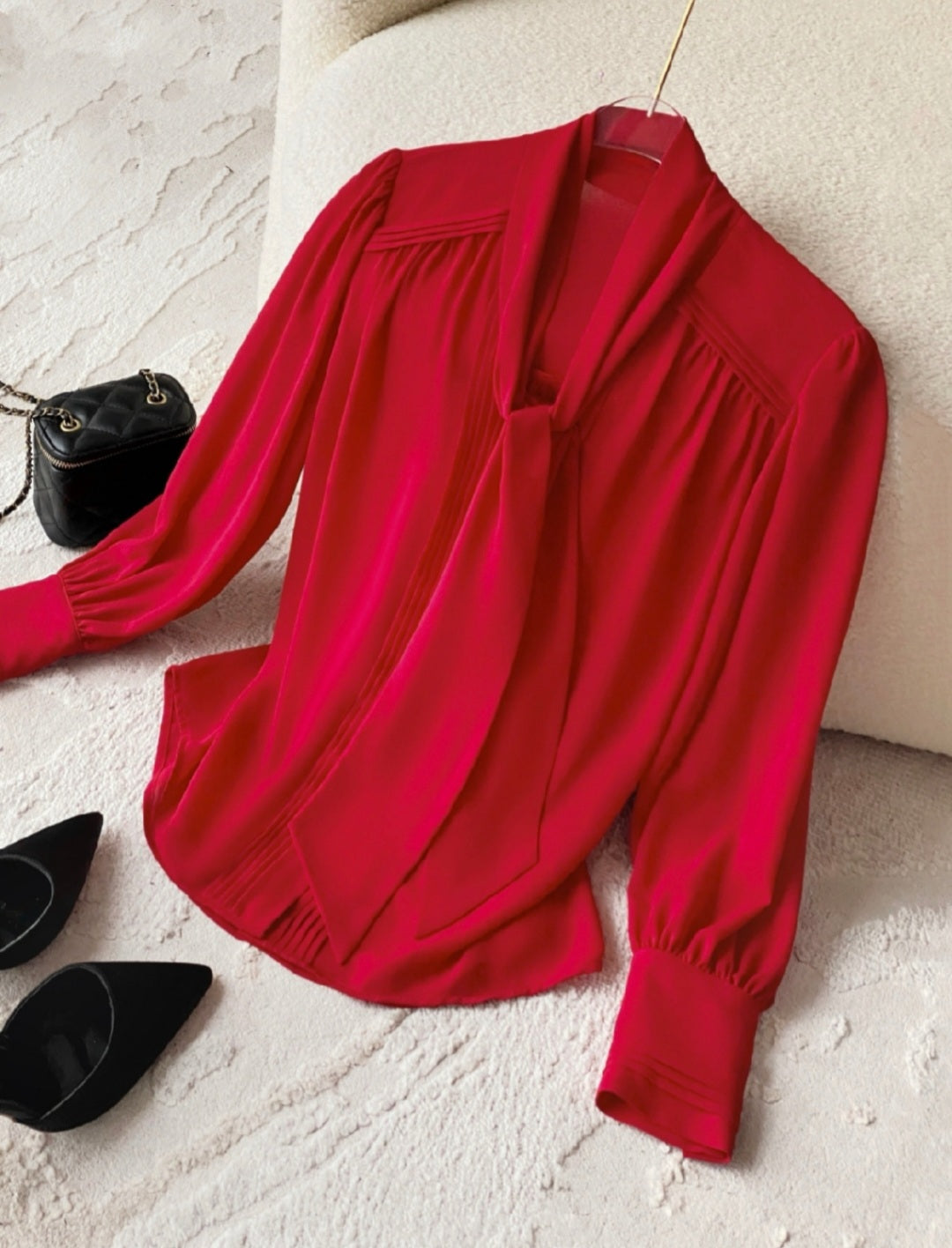 Soft Pleated Scarf Neck Blouse with Vintage Cuff Detail