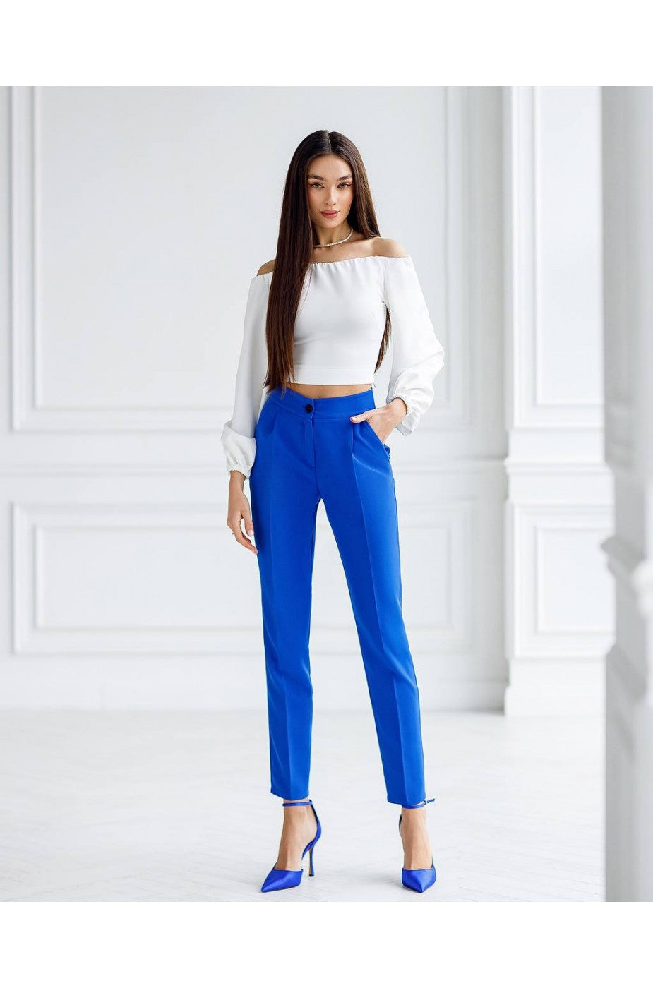 White off-shoulder crop top with puff sleeves for women