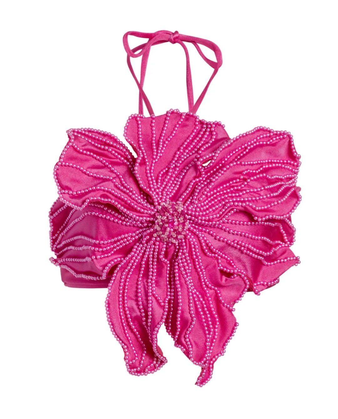 Top in raso rosa con applicazioni di fiori 3D e ricamo di perle