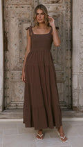 Chocolate Brown European Linen Smocked Tie Strap Maxi Dress