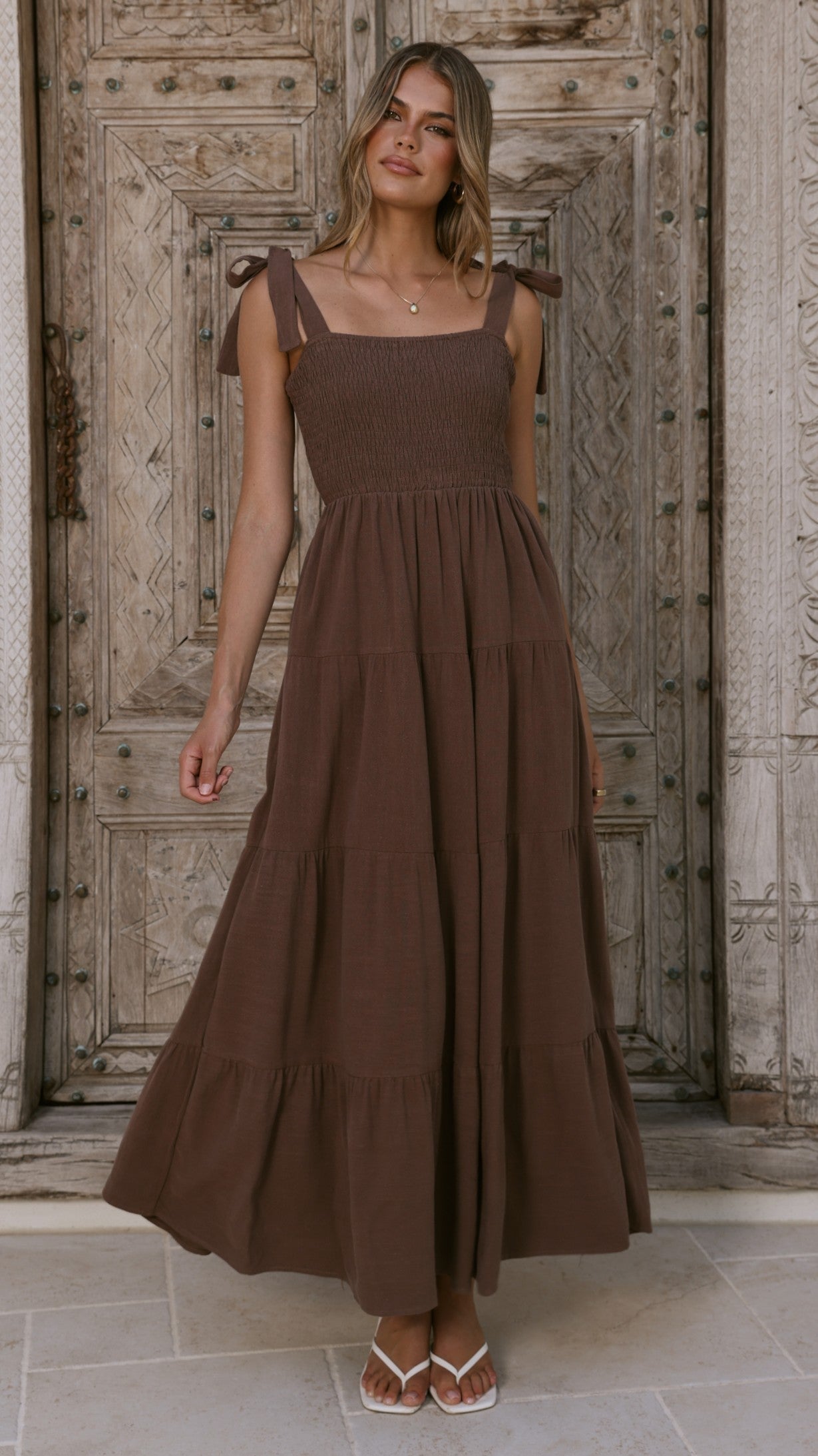 Chocolate Brown European Linen Smocked Tie Strap Maxi Dress