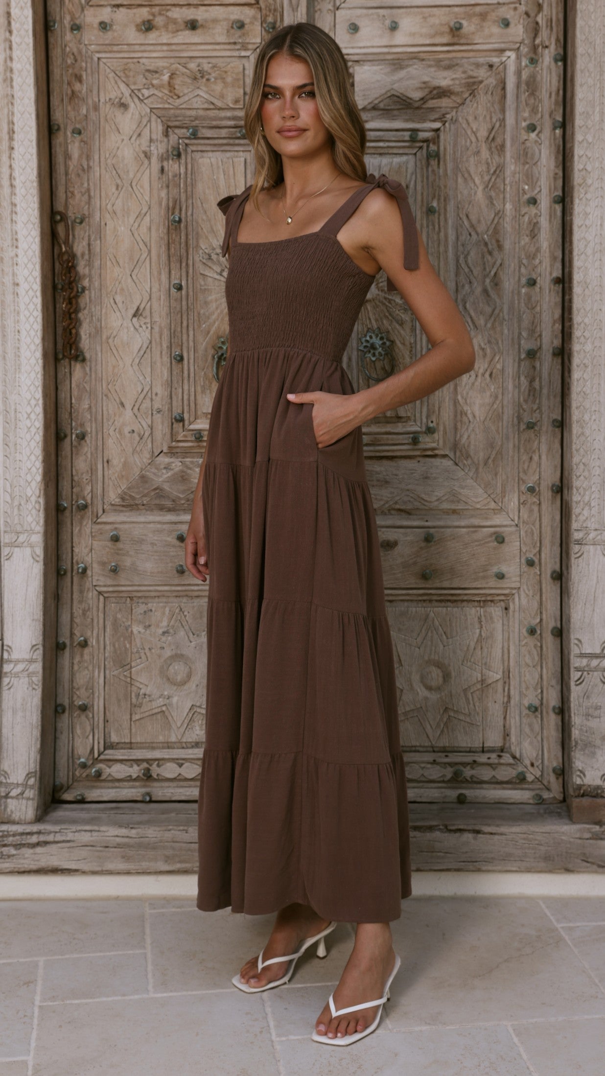 Chocolate Brown European Linen Smocked Tie Strap Maxi Dress