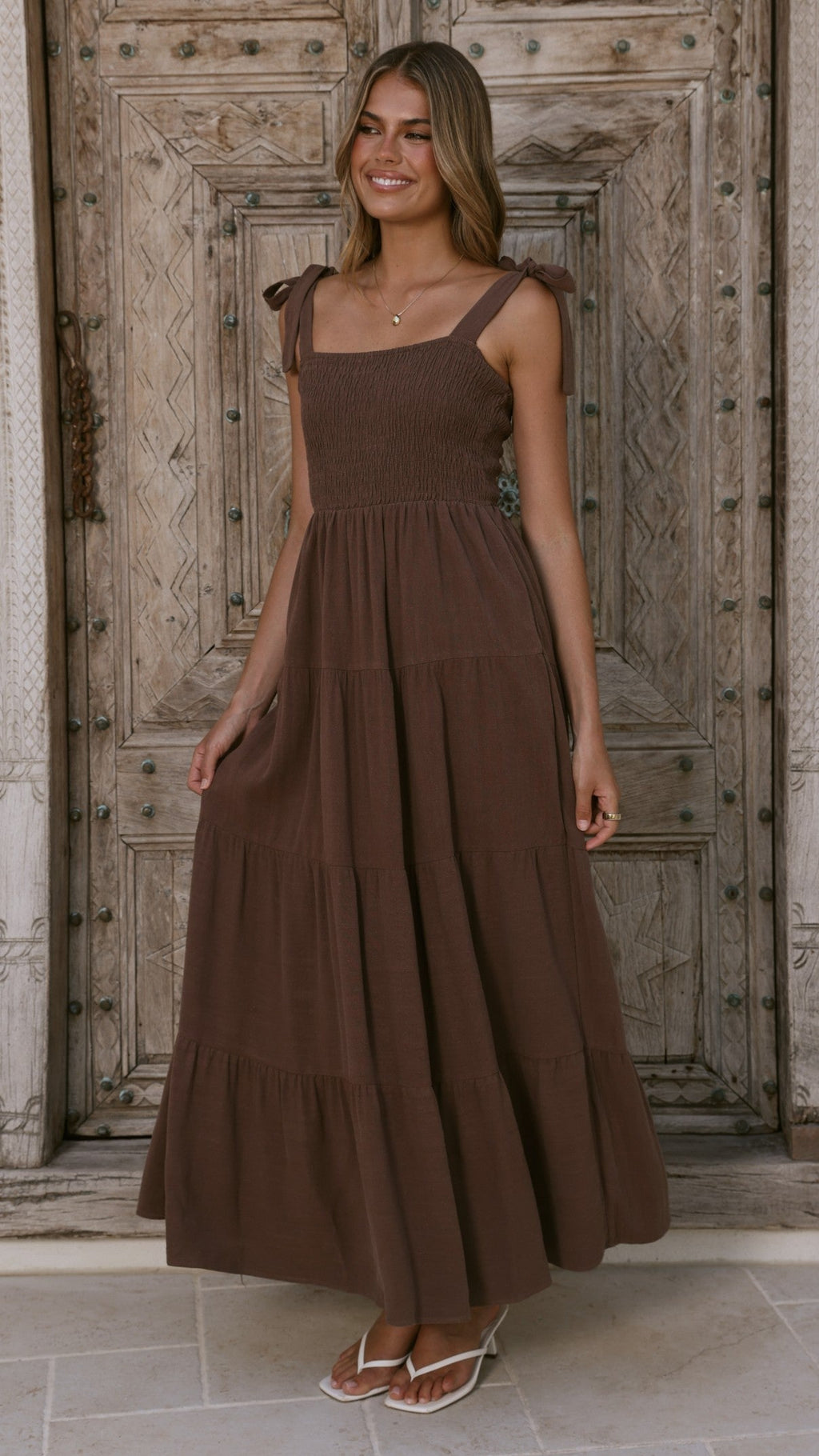 Chocolate Brown European Linen Smocked Tie Strap Maxi Dress