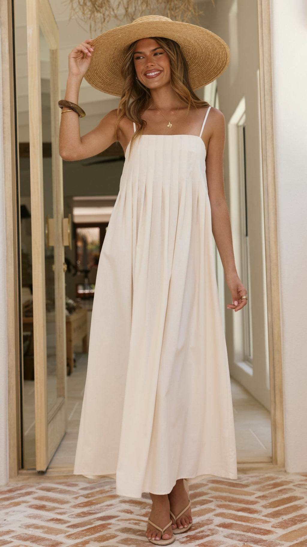 Ivory Linen Pleated Maxi Dress