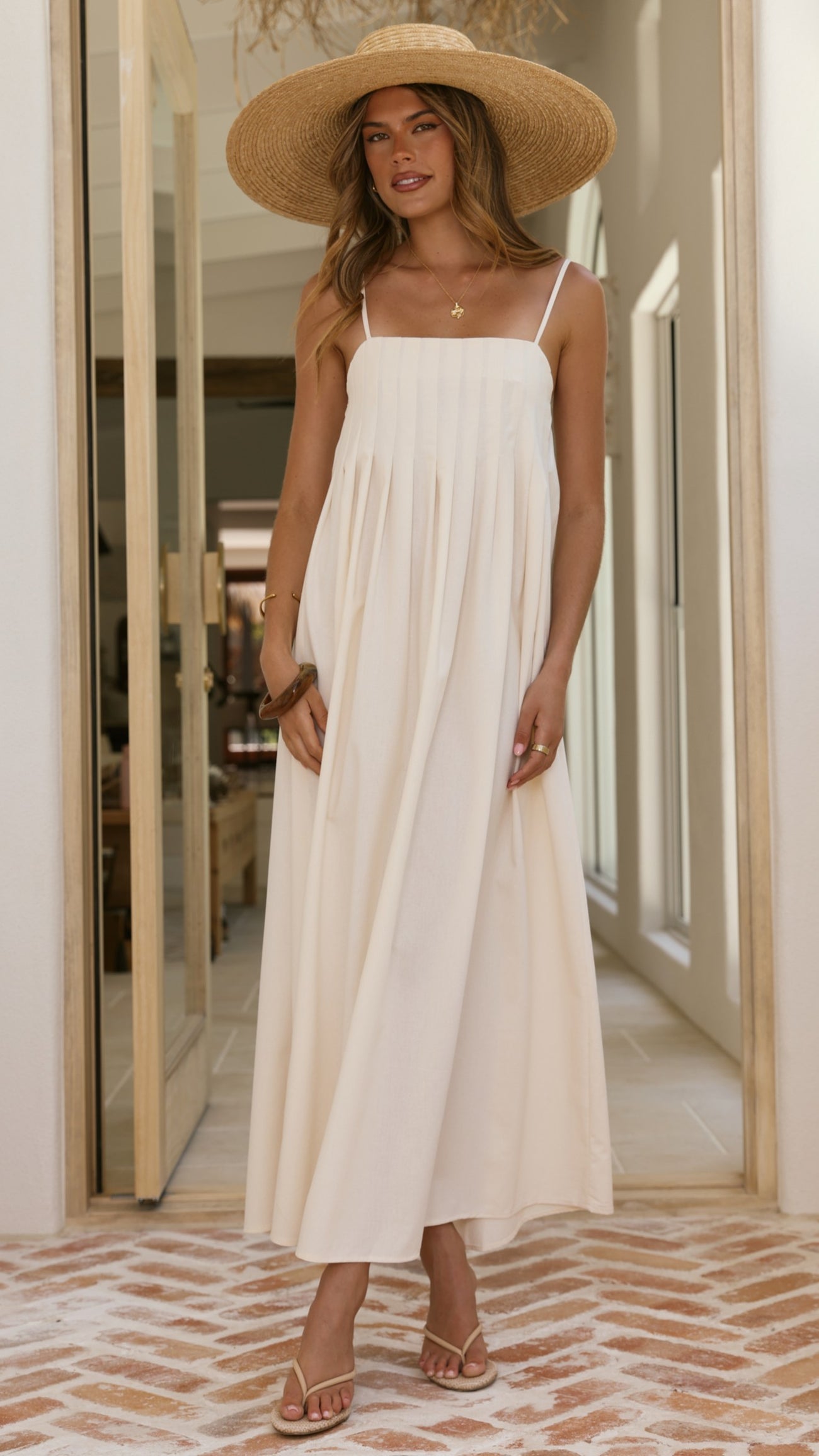 Ivory Linen Pleated Maxi Dress