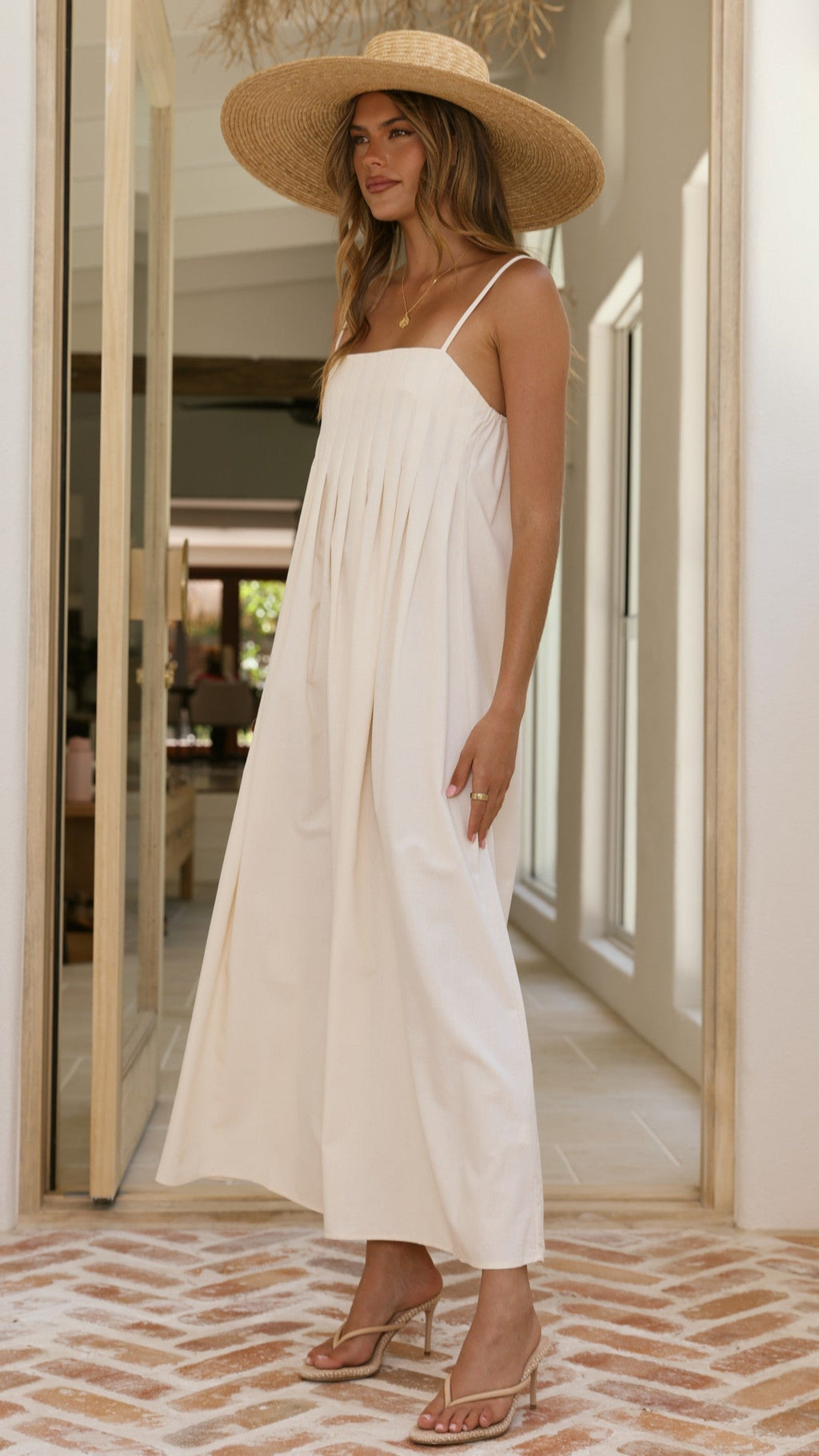 Ivory Linen Pleated Maxi Dress
