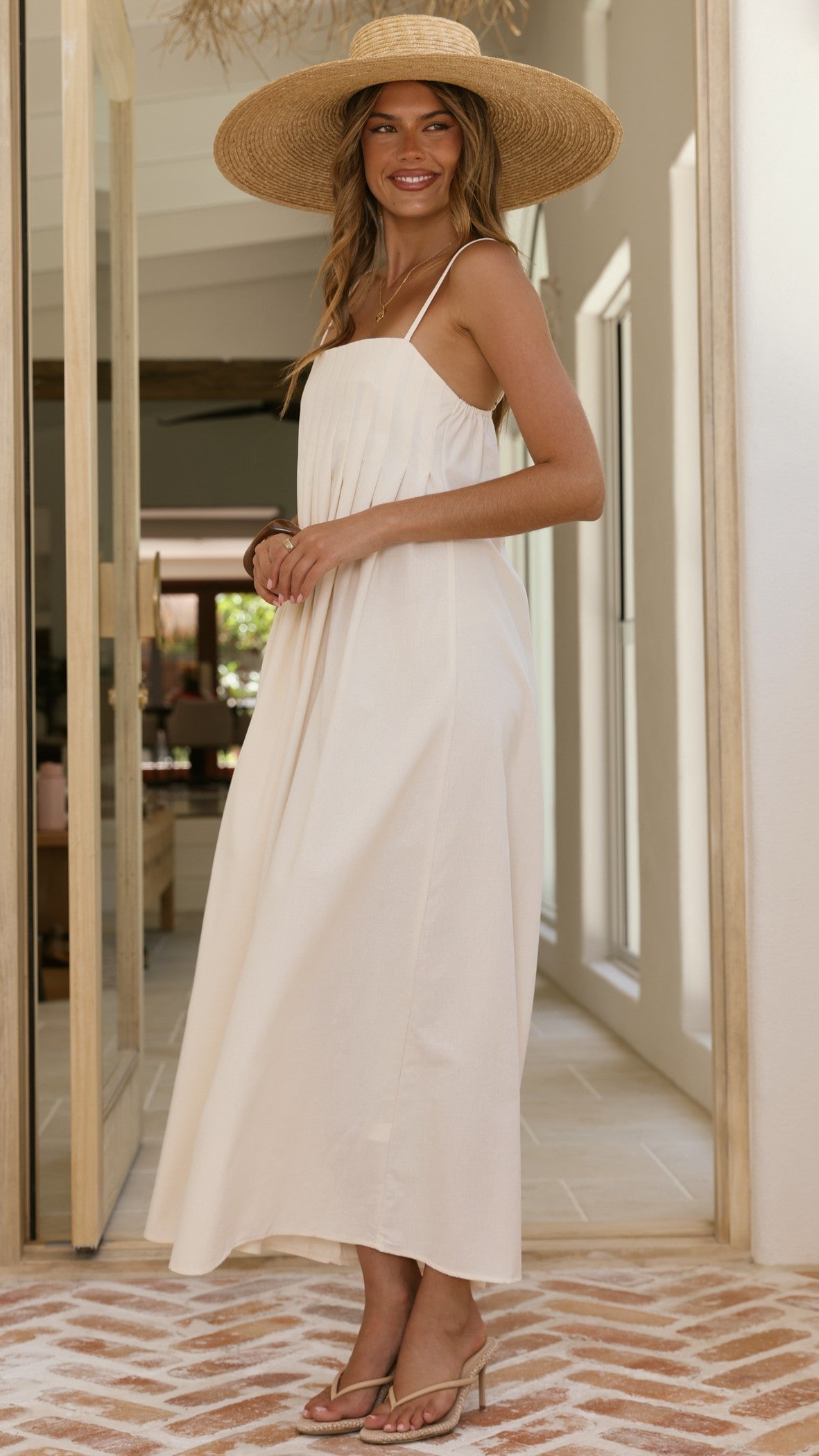 Ivory Linen Pleated Maxi Dress