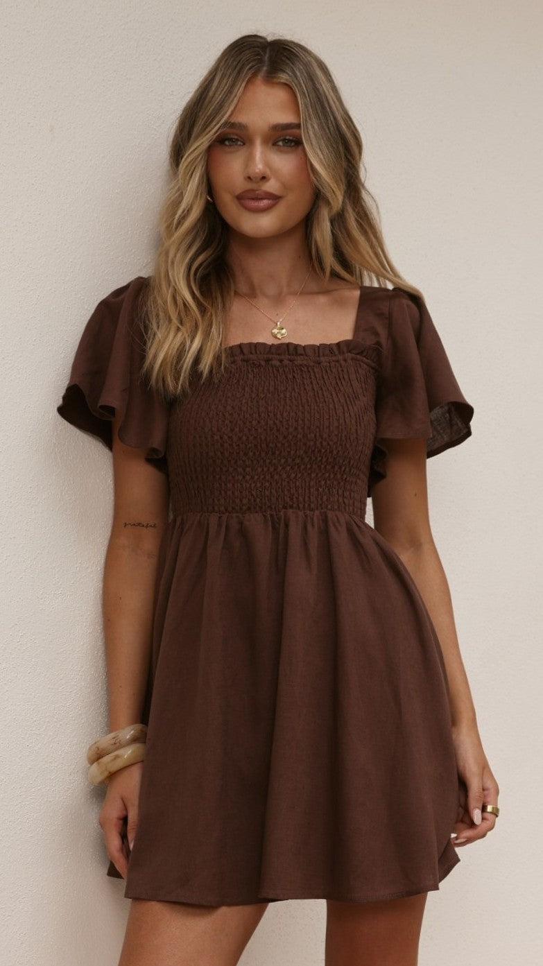 Brown Mini Linen Dress