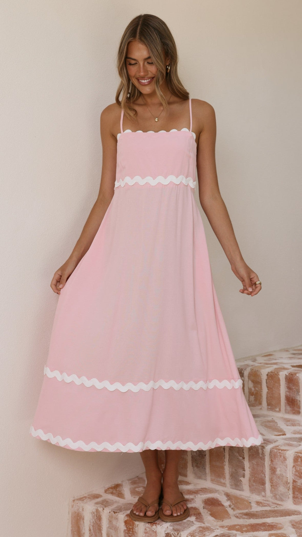 Blush Pink Linen Midi Dress with Ric Rac Trim