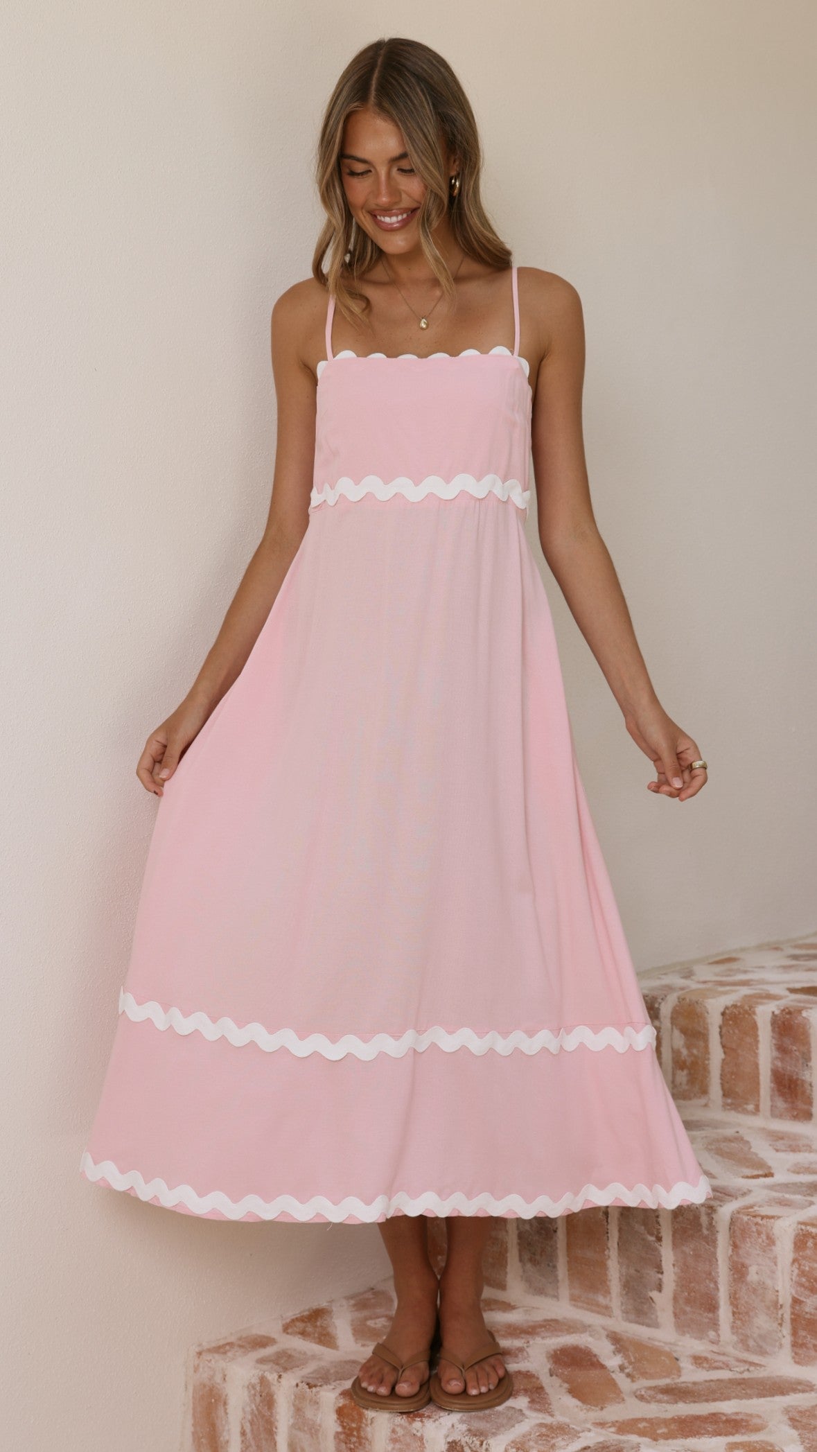 Blush Pink Linen Midi Dress with Ric Rac Trim