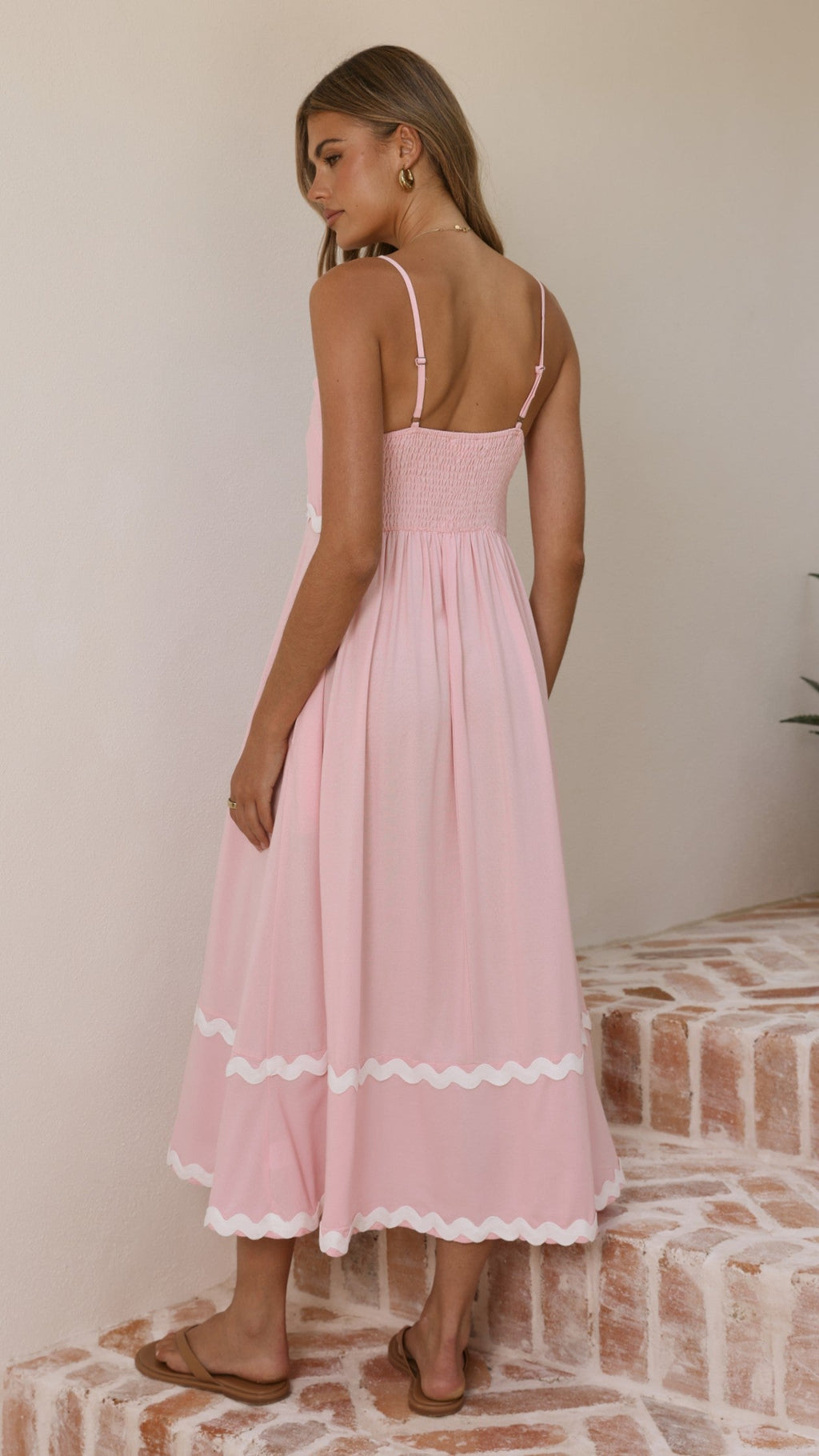 Blush Pink Linen Midi Dress with Ric Rac Trim