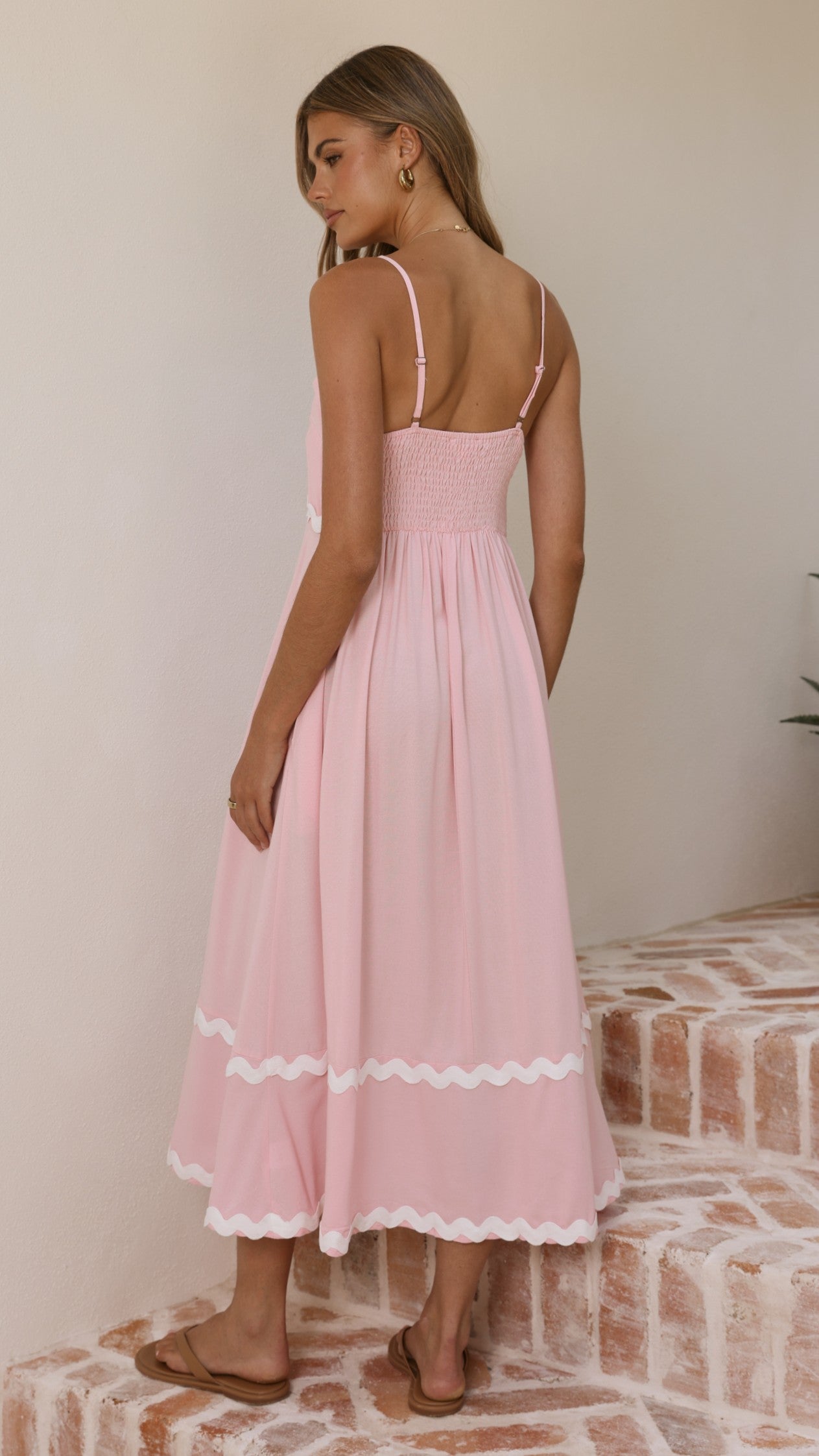 Blush Pink Linen Midi Dress with Ric Rac Trim