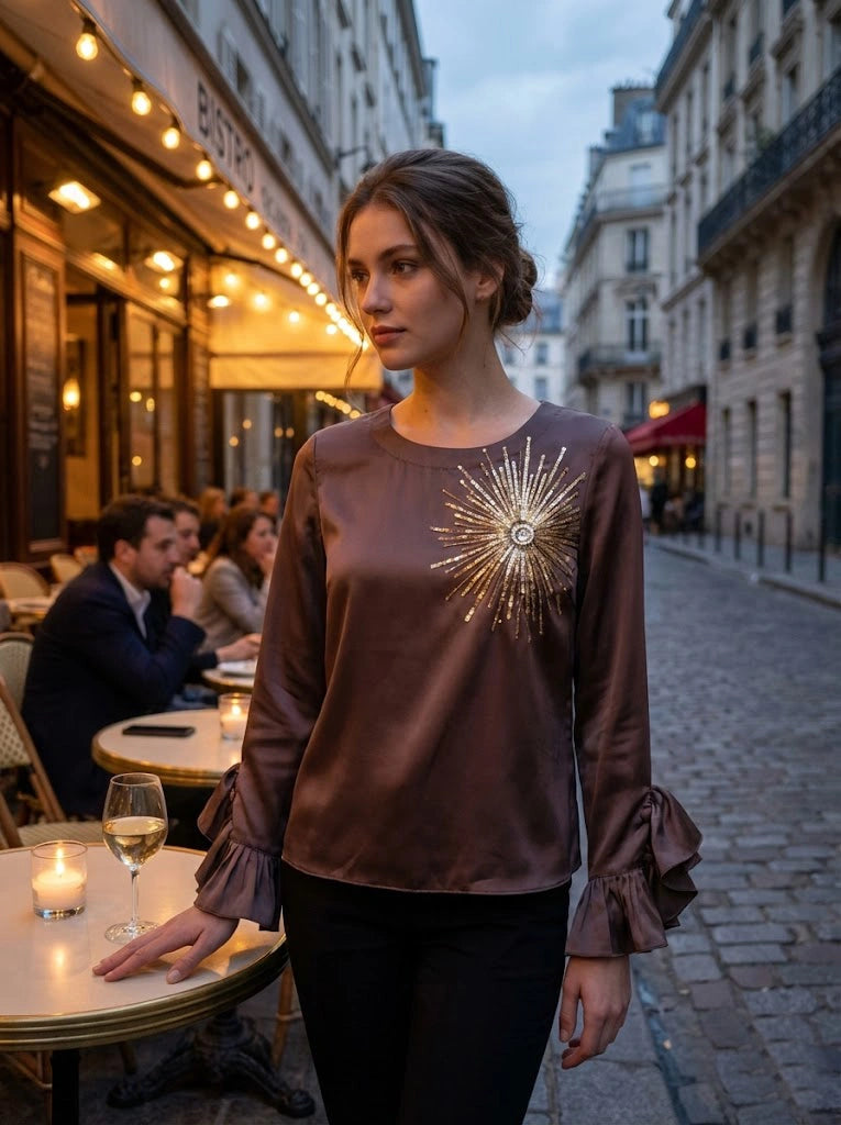 Satin Top with Hand-Embroidered Firecracker Motif and Ruffle Sleeves