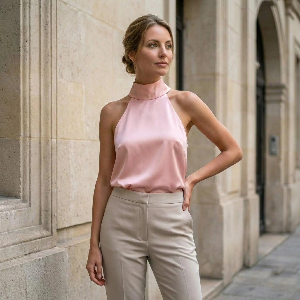 Top in raso rosa con scollo all'americana, fiocchi sul retro e lacci