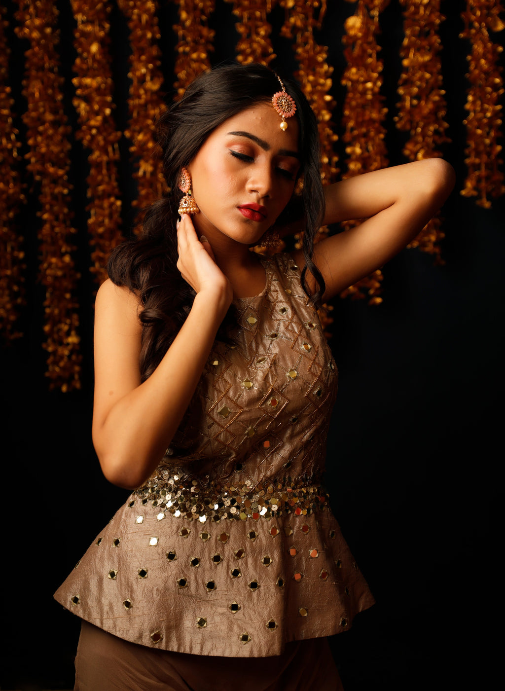 Sharara Set for Women – Golden Brown Peplum Top with Mirror Work Sharara