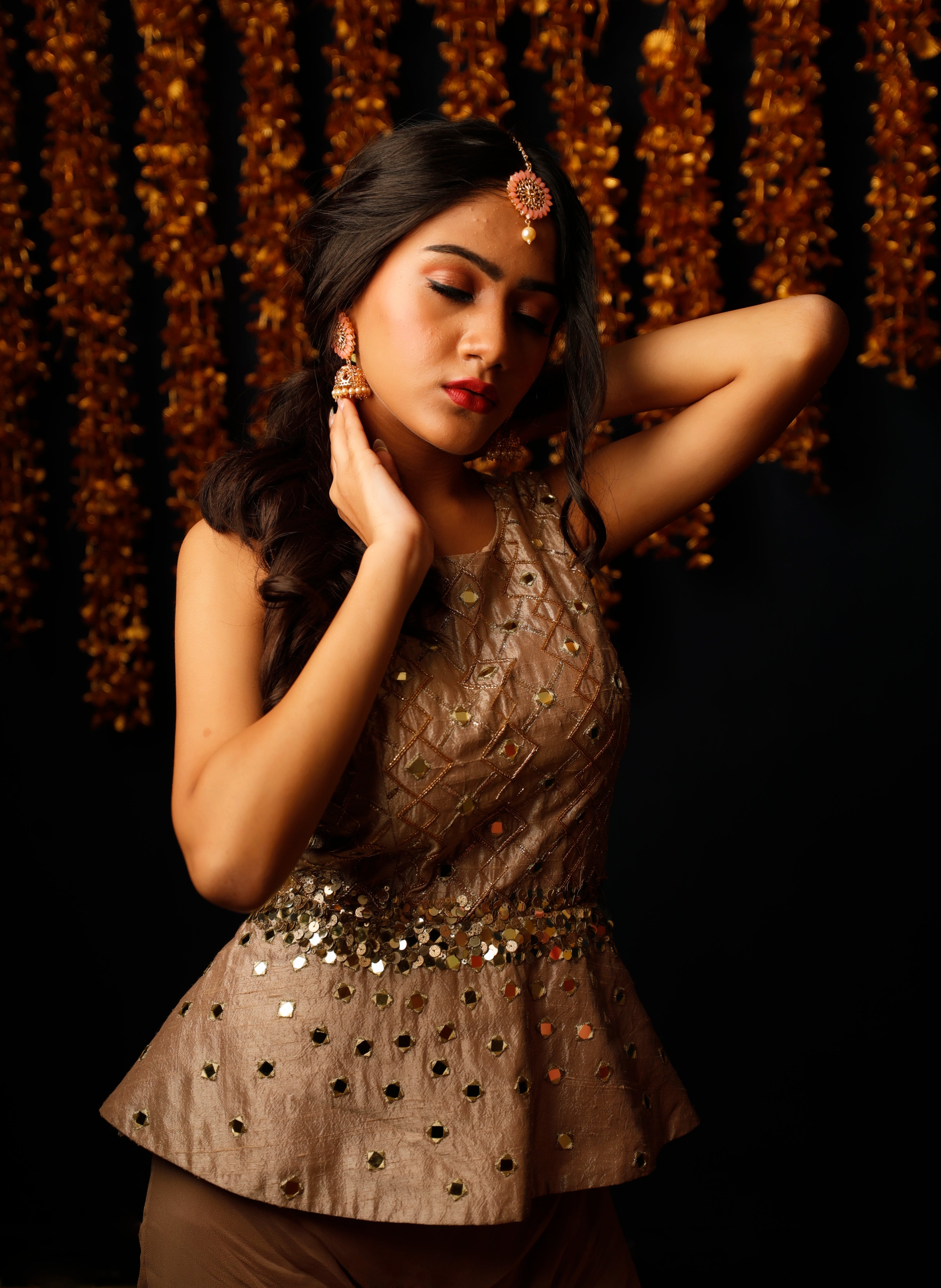 Sharara Set for Women – Golden Brown Peplum Top with Mirror Work Sharara