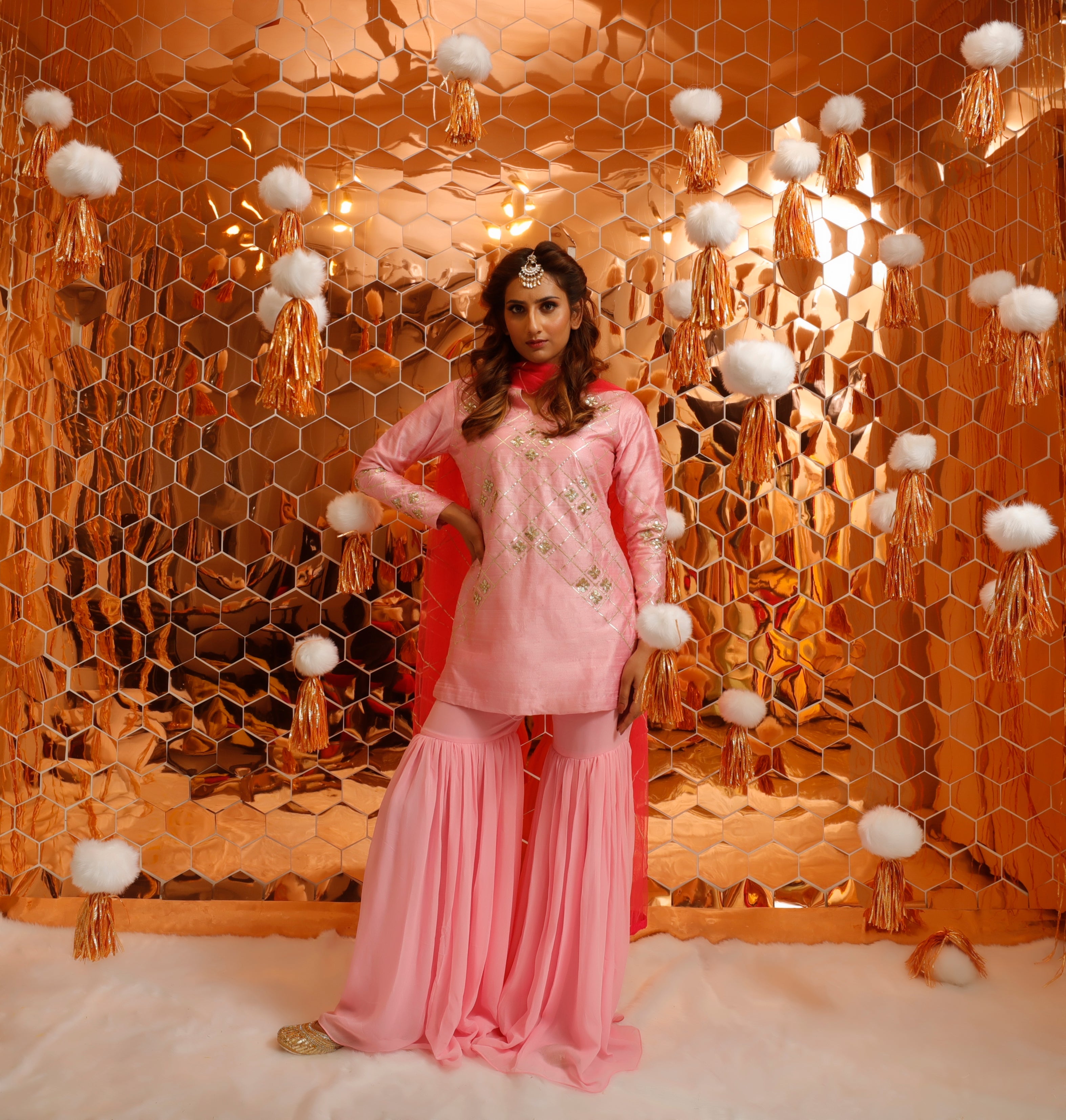 Sharara Set for Women – Baby Pink Gota Patti Short Kurta with Sharara