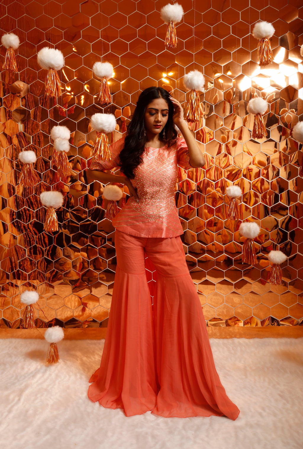 Sharara Set for Women – Peach Gota Patti Peplum Top with Sharara