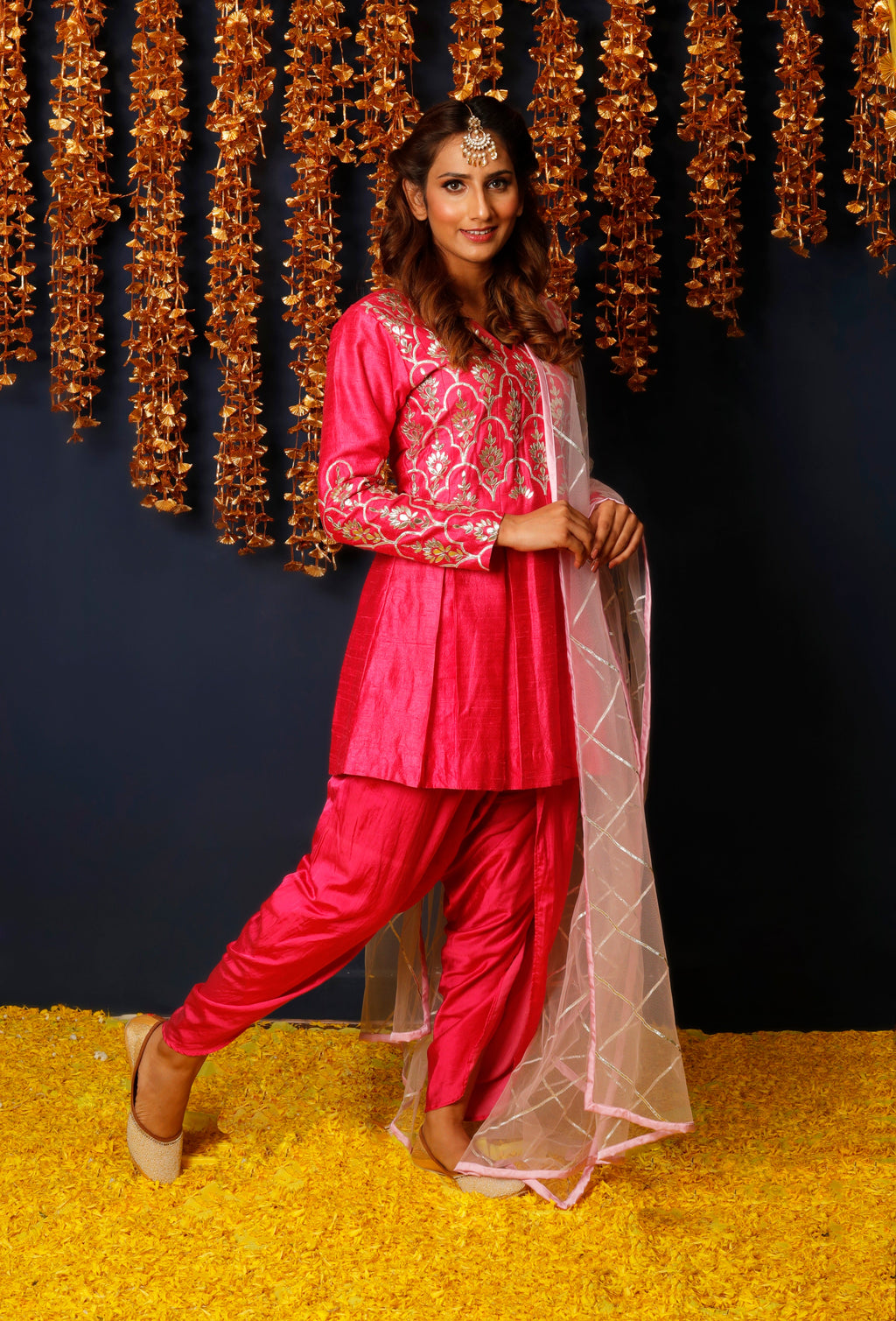 Ethnic Wear for Women – Hot Pink Kurta with Gota Patti and Dhoti Set