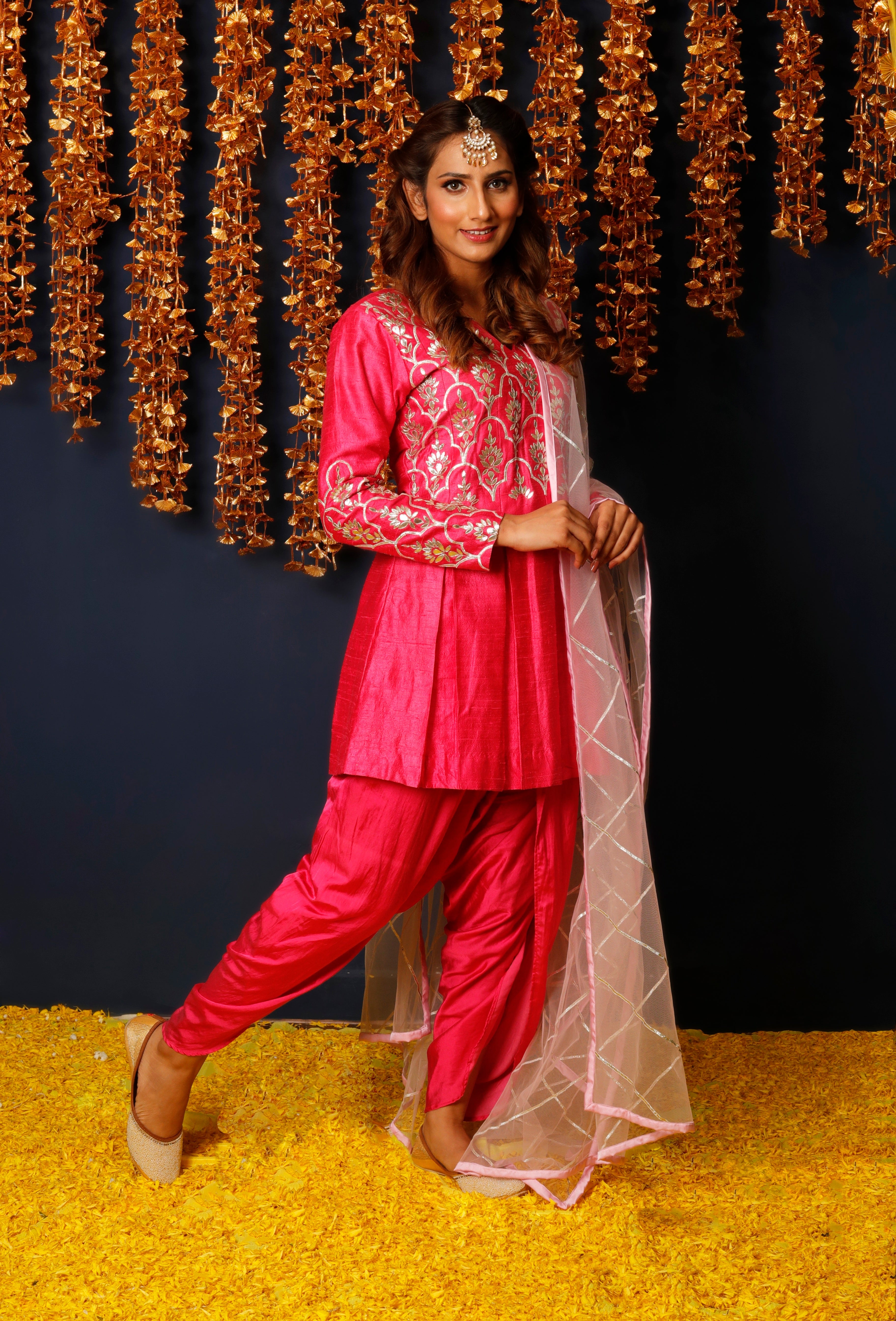 Ethnic Wear for Women – Hot Pink Kurta with Gota Patti and Dhoti Set