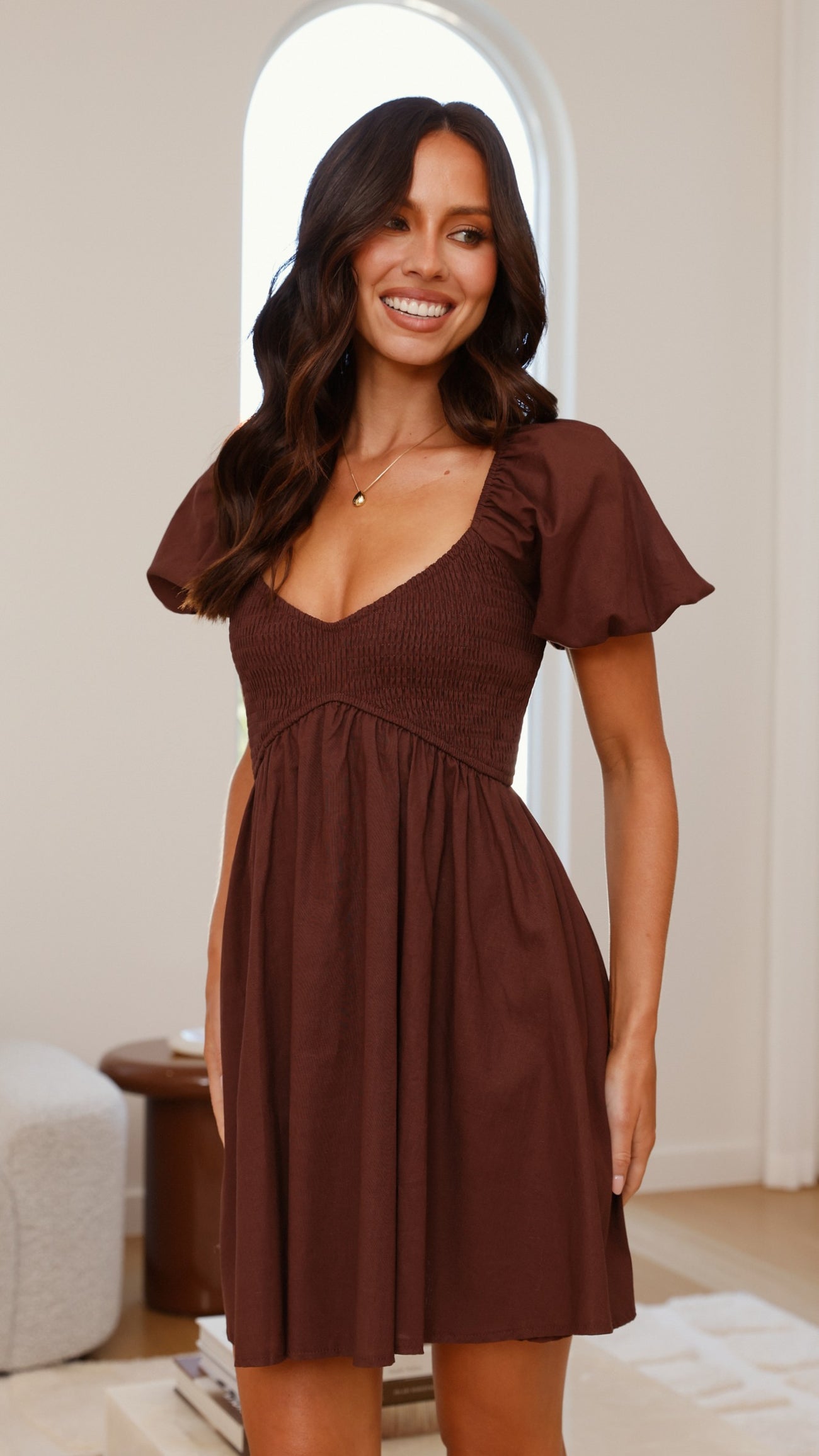 Chocolate Brown Linen Smocked Puff Sleeve Mini Dress