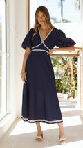 Navy Blue Linen Midi Dress with Lace Trim
