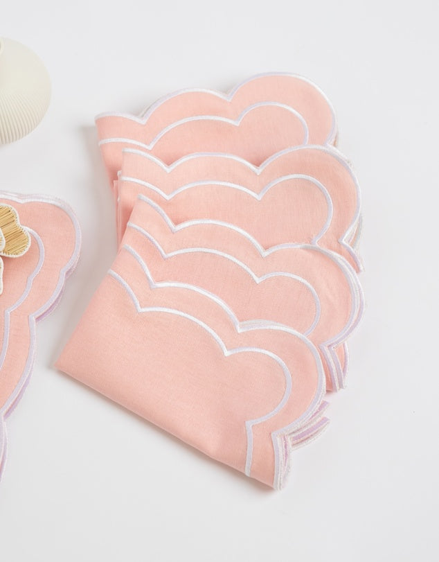 Linen Table Placemet and Napkins Set with Embroidered Scalloped Edges