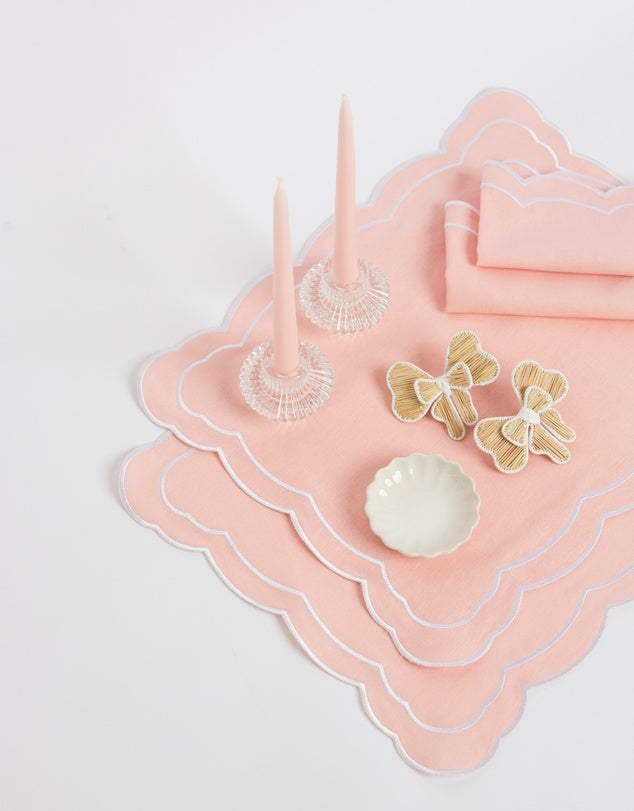 Linen Table Placemet and Napkins Set with Embroidered Scalloped Edges